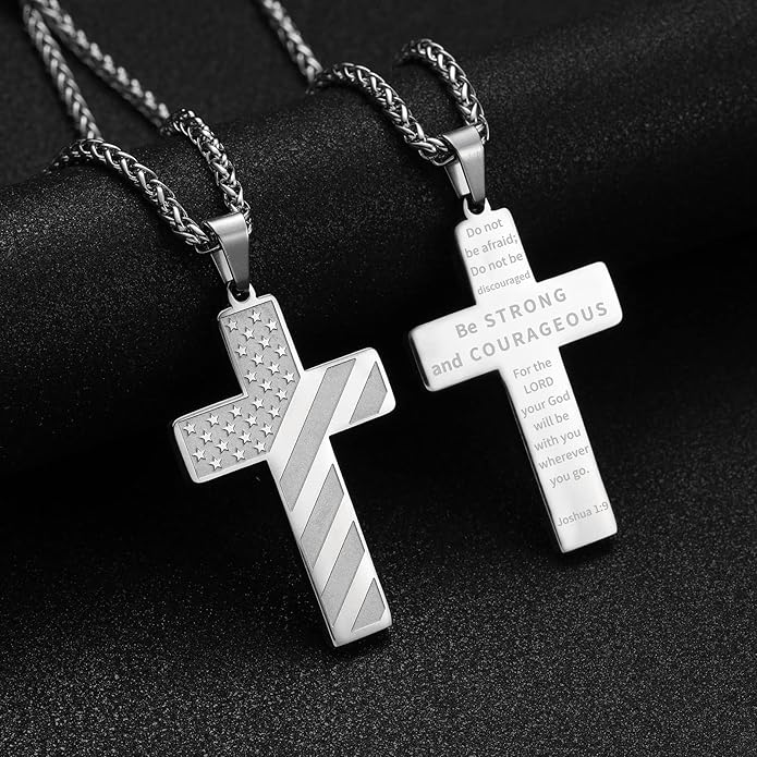 American Flag Cross Silver Pendant Necklace