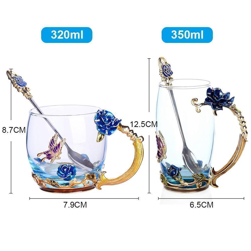 Delicate Floral Glass Tea Cup Set With Spoon