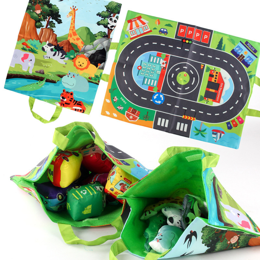 Portable 2-in-1 Plush Car Playset with Storage Bag