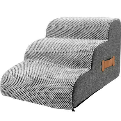 Modern Grey Upholstered Pet Steps with Faux Leather Trim