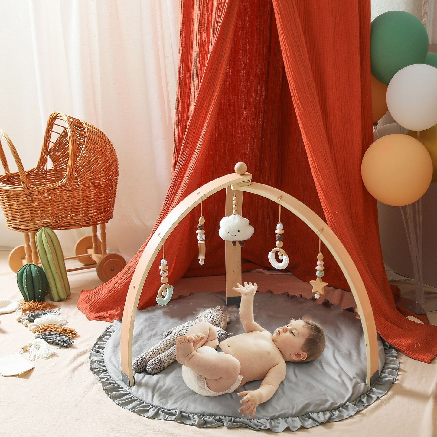 Natural Wood Infant Play Center with Toy Attachments