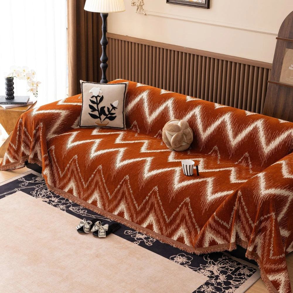 Beige Patterned Fitted Sofa Slipcover