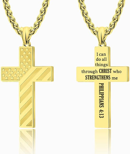 American Flag Cross Silver Pendant Necklace