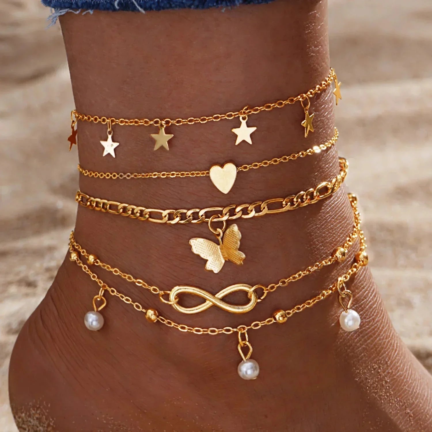 Dainty Ladies 5 Piece Charm Anklet Set - Luxicro