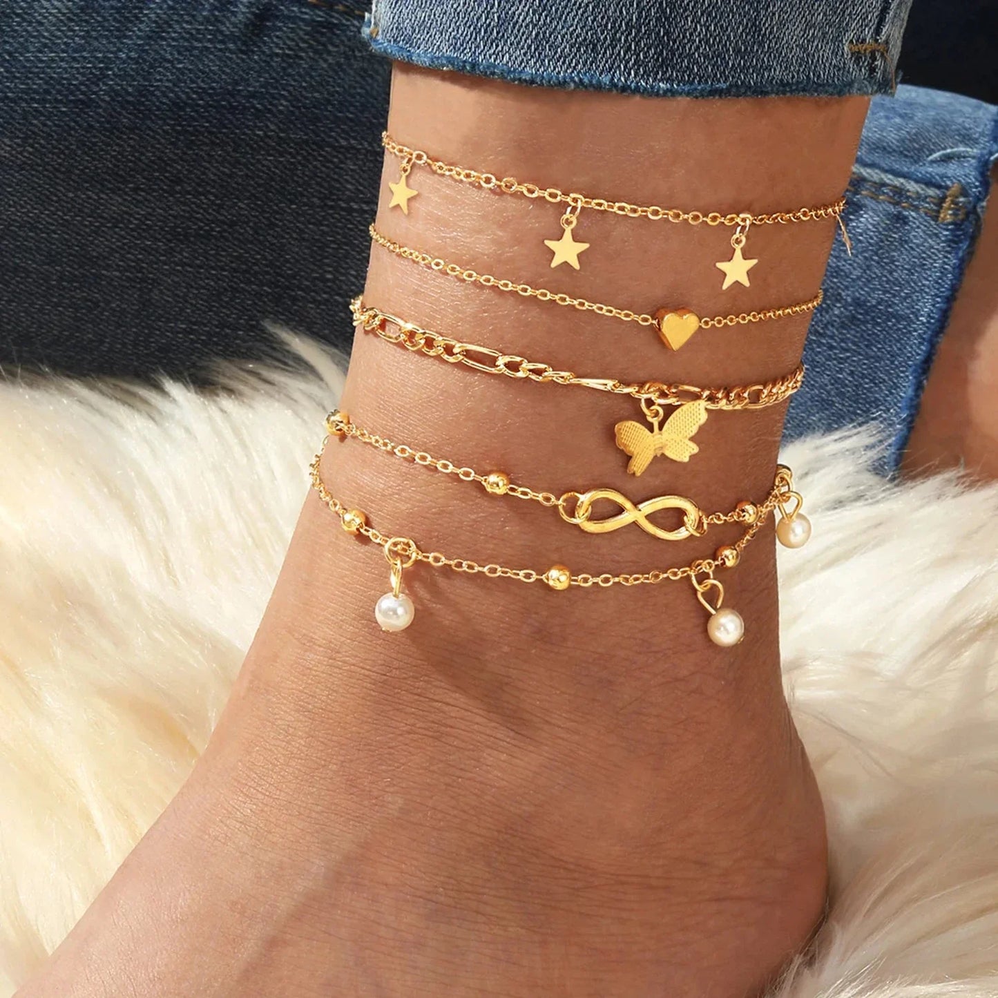 Dainty Ladies 5 Piece Anklet Set with Cute Charms