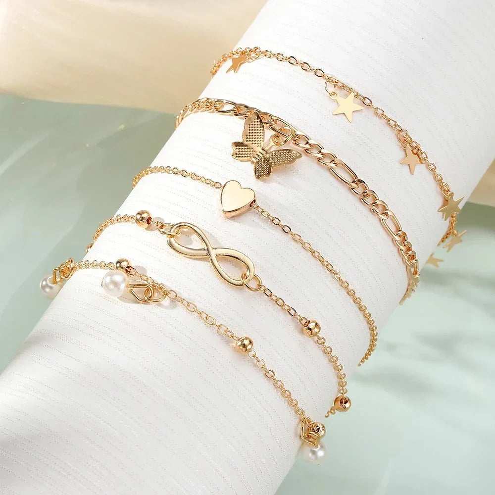 Dainty Ladies 5 Piece Anklet Set with Cute Charms