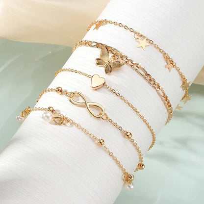 Dainty Ladies 5 Piece Anklet Set with Cute Charms