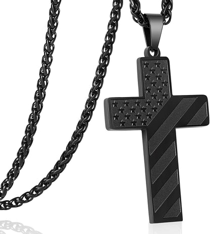American Flag Cross Silver Pendant Necklace