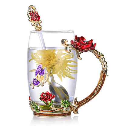 Delicate Floral Glass Tea Cup Set With Spoon