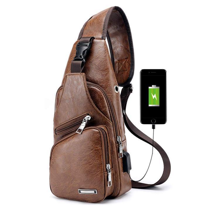 Big Mens Leather Chest Bag Waterproof Backpack