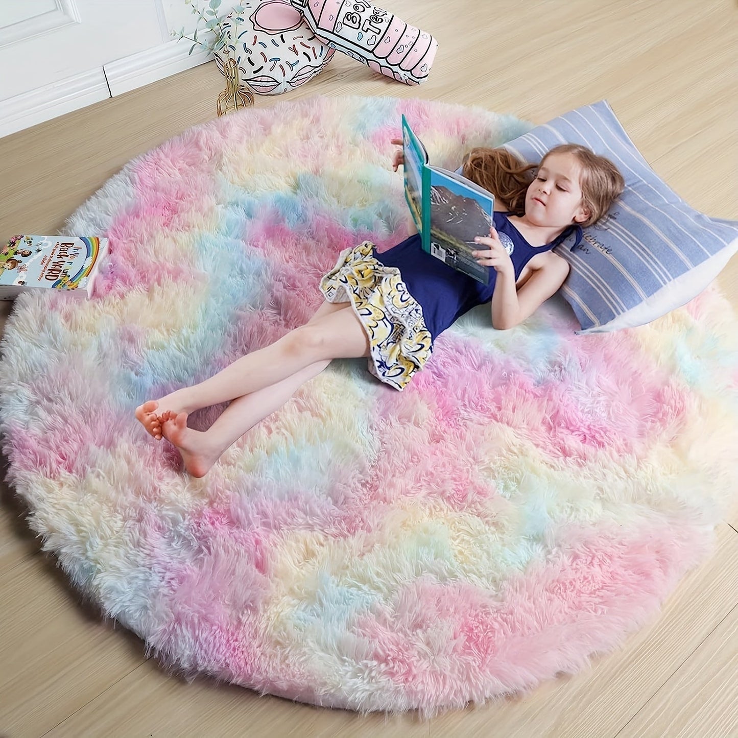 Colorful Circular Area Rug - Plush Multicolor Floor Mat - Luxicro