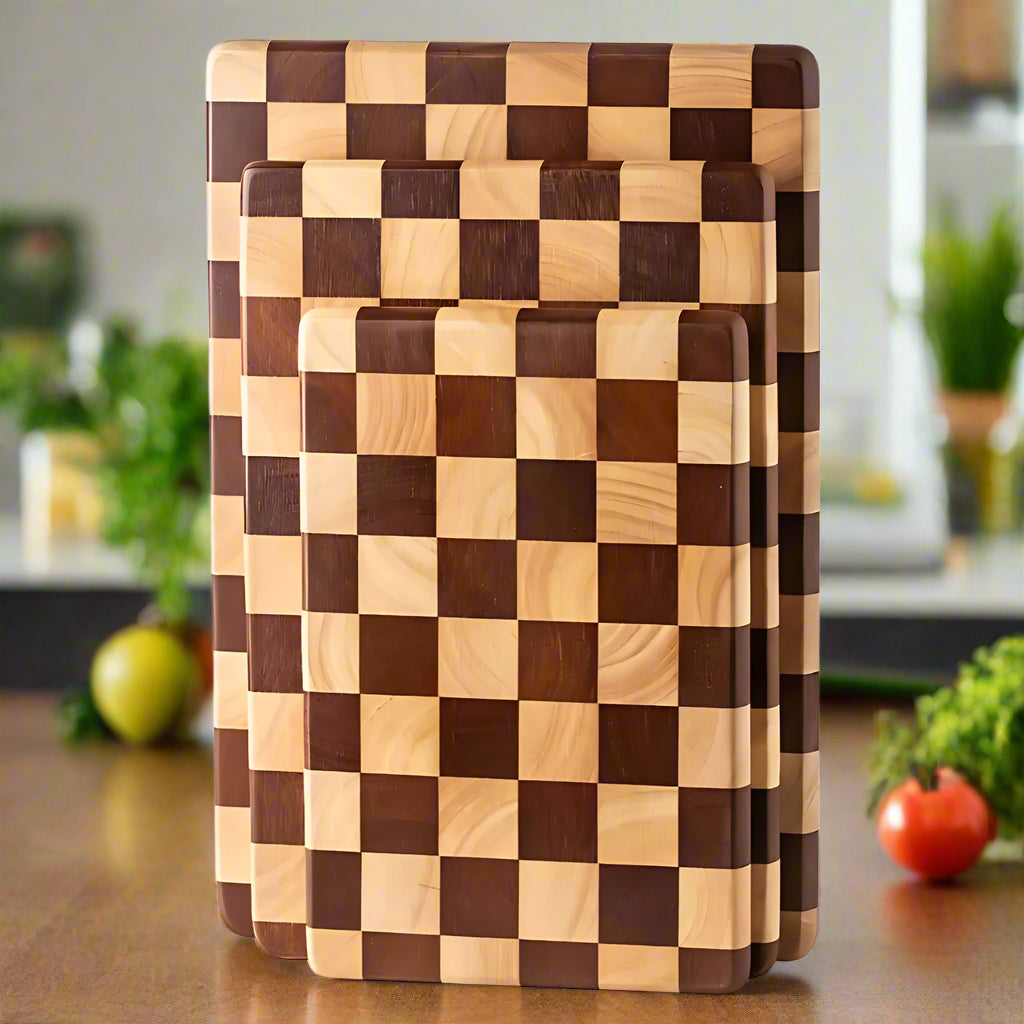 Natural Wood Cutting Board with Chess Design