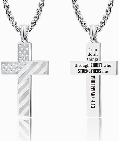 American Flag Cross Silver Pendant Necklace