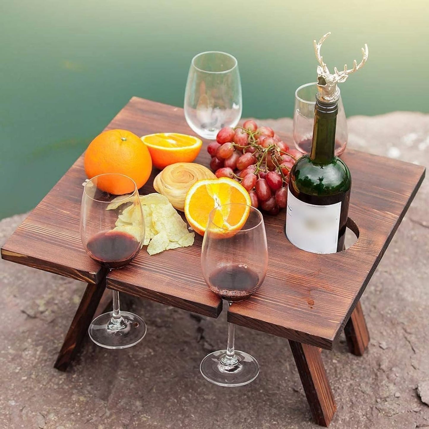 Compact Wooden Wine Table with Bottle Holder
