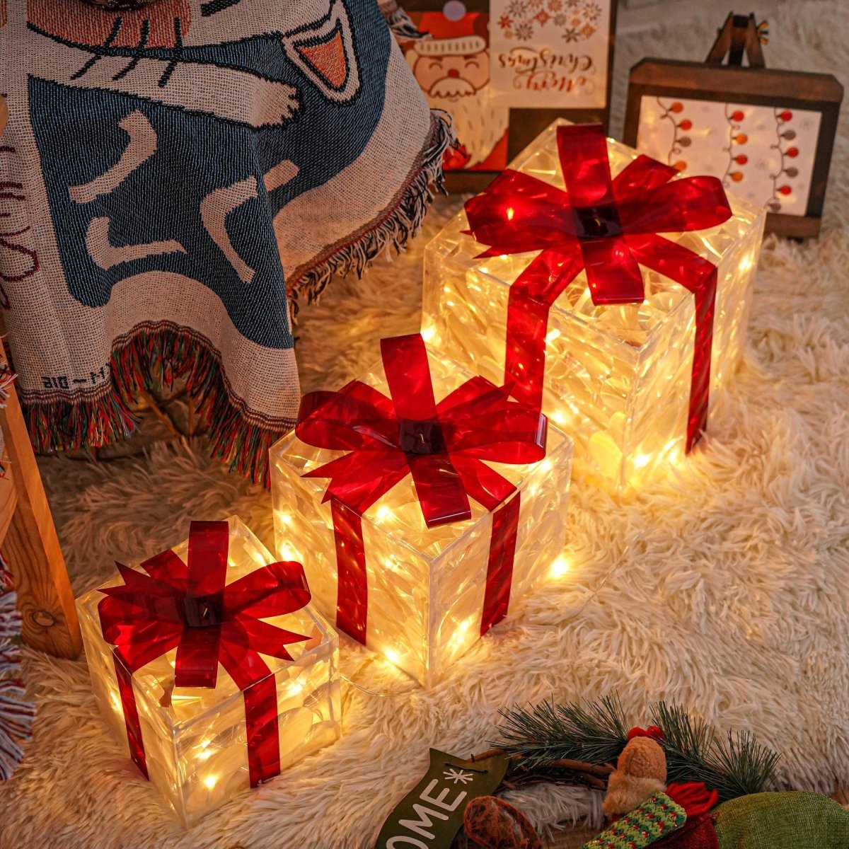 Bright LED Gift Boxes Set of 3 Christmas Decorations