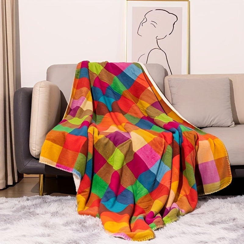 Plush Fleece Blanket with Bright Plaid Pattern - Cozy Throw - Luxicro