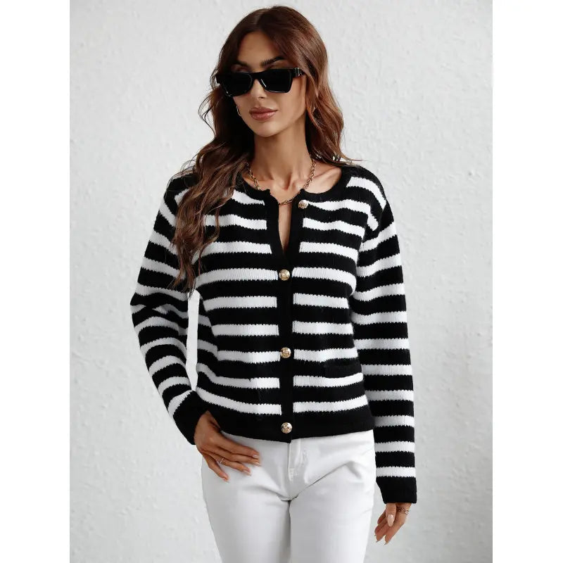 Cozy Striped Button Front Women's Sweater - Luxicro