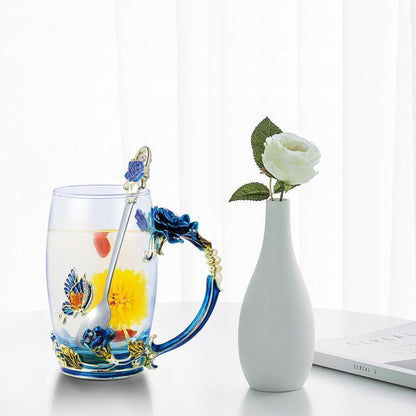 Delicate Floral Glass Tea Cup Set With Spoon - Luxicro