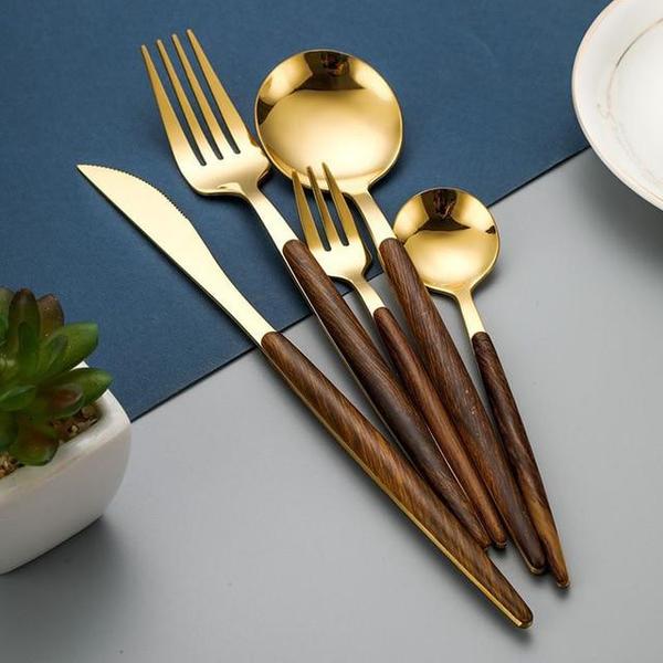 Luxury Wooden Handle Gold Flatware Set - Luxicro