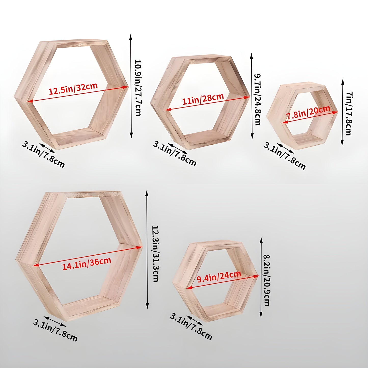 Rustic Wooden Hexagonal Wall Storage Shelves 5-Pack