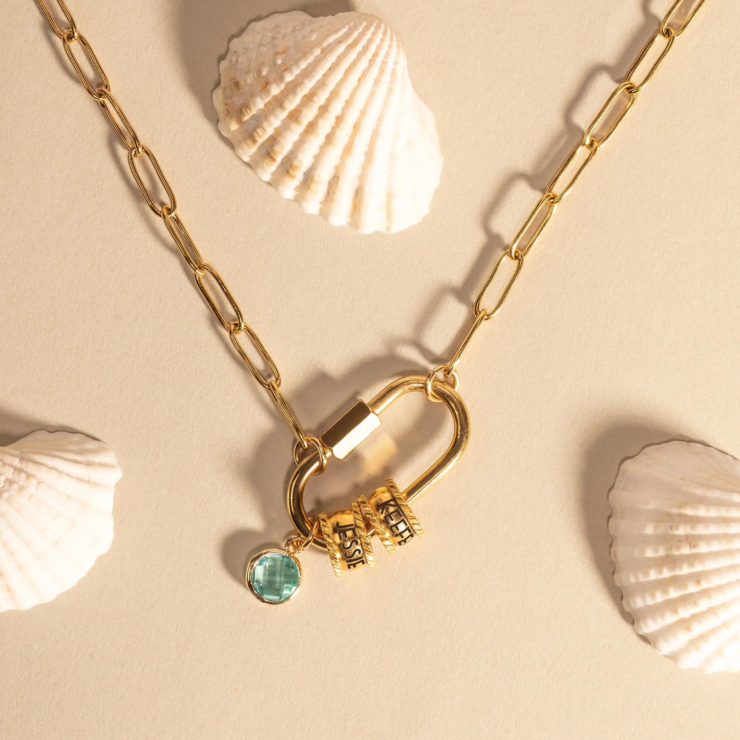 Personalized Carabiner Necklace with Initial and Gemstone