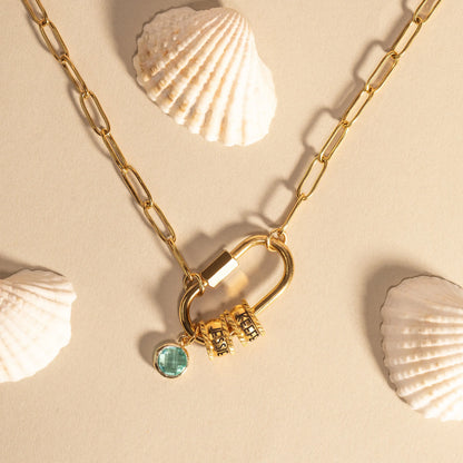 Personalized Carabiner Necklace with Initial and Gemstone