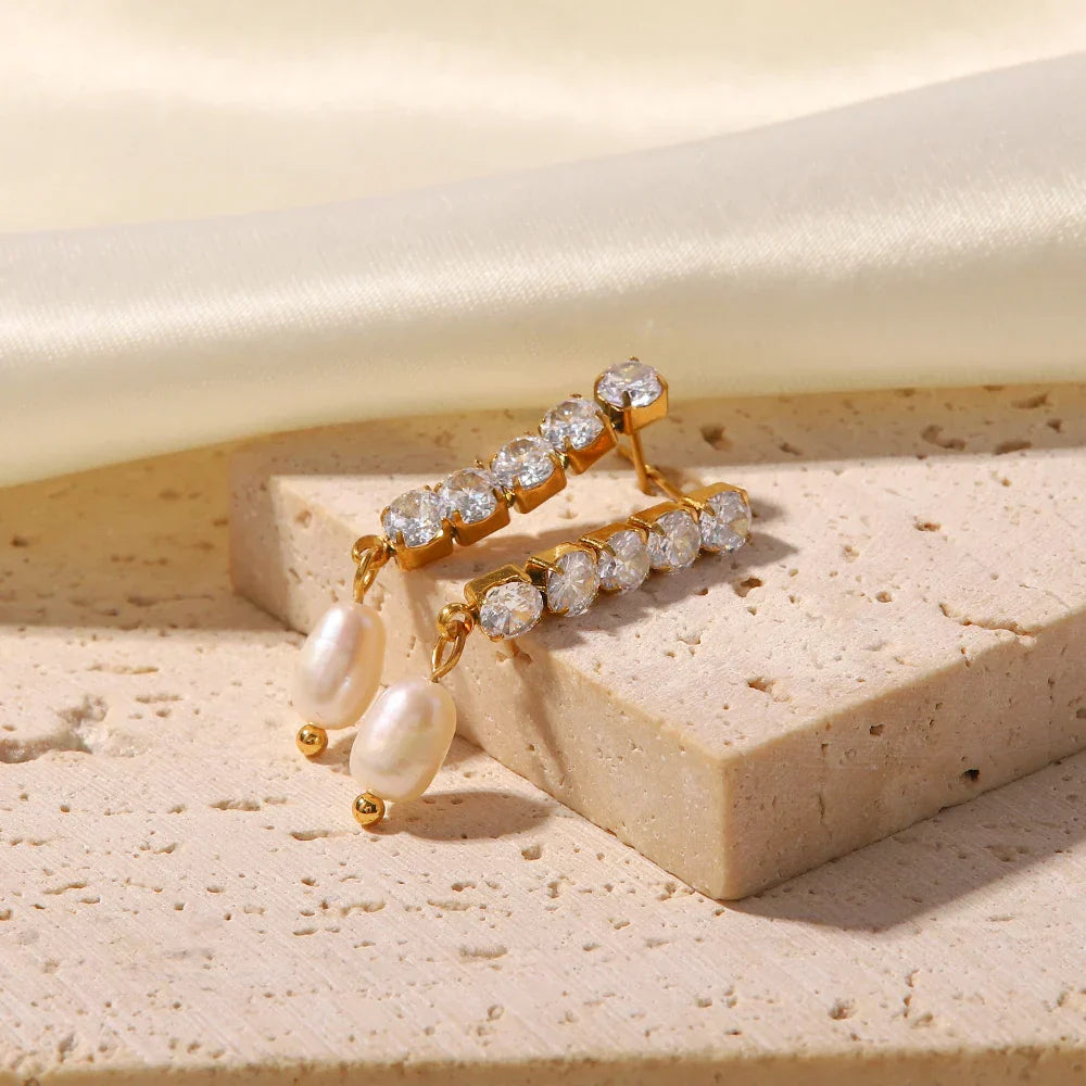 Fine 14k Gold Pearl Dangle Diamond Earrings - Luxicro