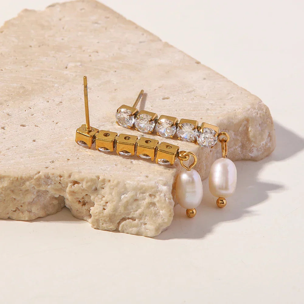Fine 14k Gold Pearl Dangle Diamond Earrings