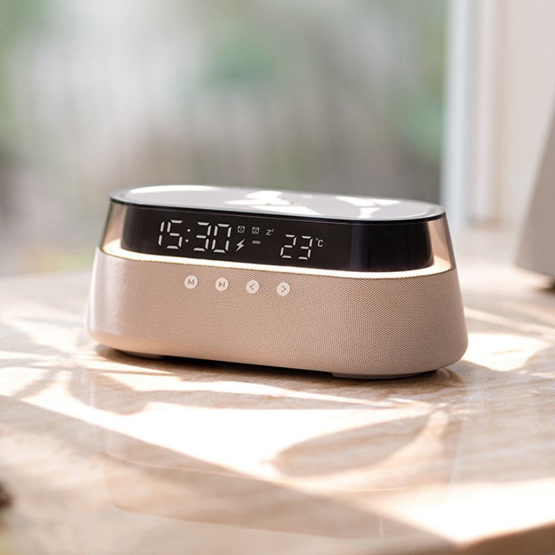 Compact Wireless Charger Alarm Clock Bluetooth Speaker - Luxicro