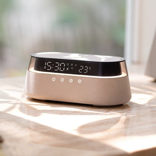 Compact Wireless Charger Alarm Clock Bluetooth Speaker - Luxicro