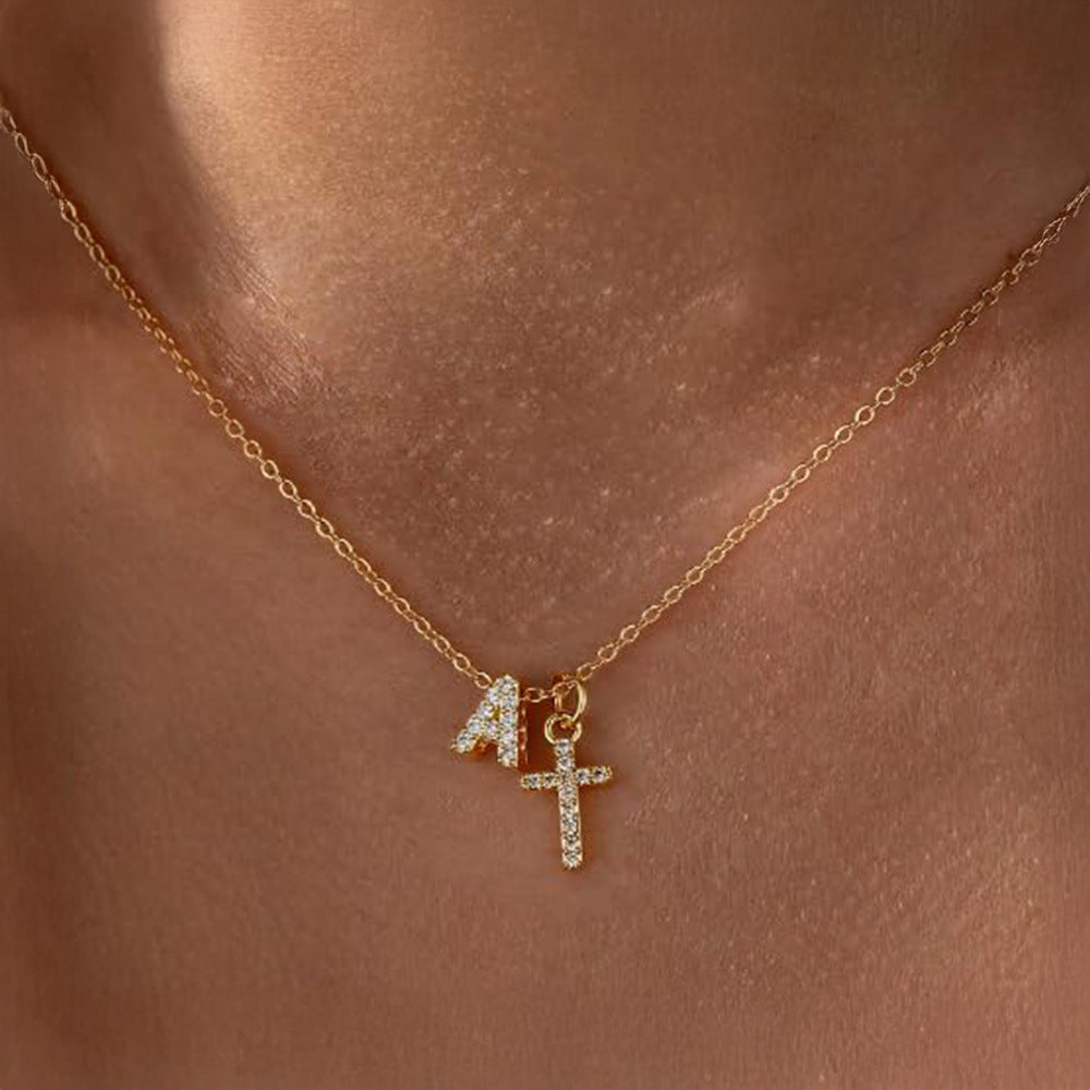 Dainty Monogram and Cross Diamond Necklace - Luxicro