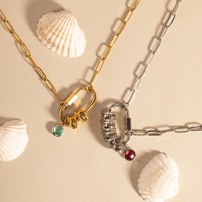 Personalized Carabiner Necklace with Initial and Gemstone