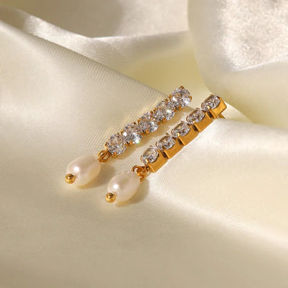 Fine 14k Gold Pearl Dangle Diamond Earrings