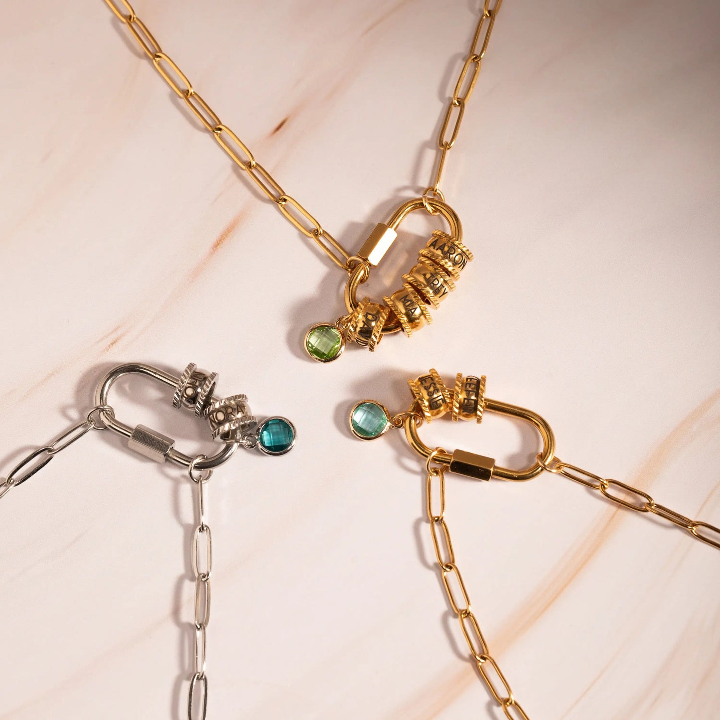 Personalized Carabiner Necklace with Initial and Gemstone