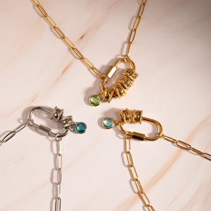 Personalized Carabiner Necklace with Initial and Gemstone