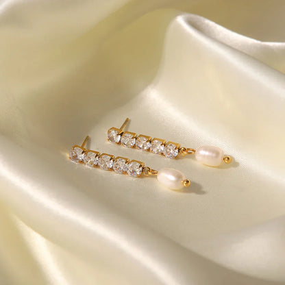 Fine 14k Gold Pearl Dangle Diamond Earrings