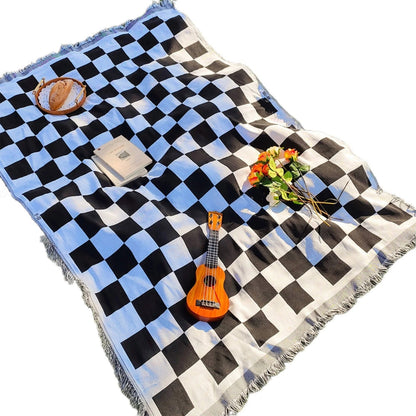 Plaid Outdoor Blanket with Tassel Trim