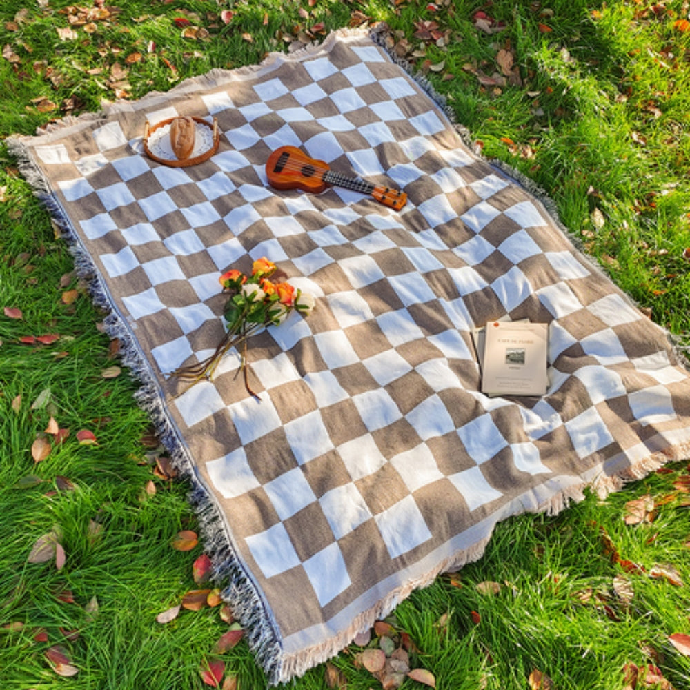 Plaid Outdoor Blanket with Tassel Trim