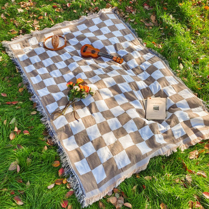 Plaid Outdoor Blanket with Tassel Trim