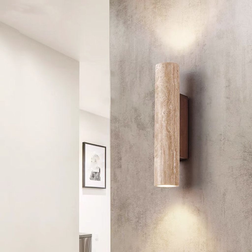 Warm Travertine and Wooden 2-Light Wall Lamp