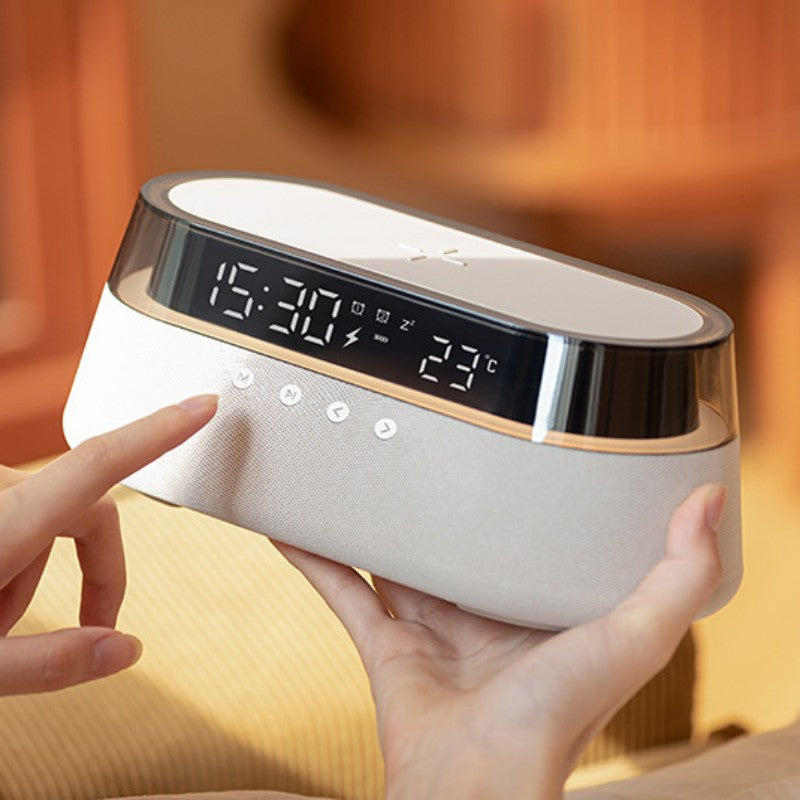 Compact Wireless Charger Alarm Clock Bluetooth Speaker