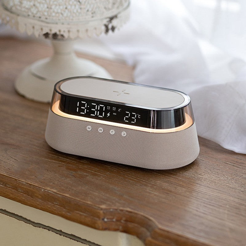 Compact Wireless Charger Alarm Clock Bluetooth Speaker