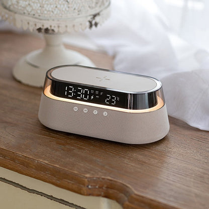 Compact Wireless Charger Alarm Clock Bluetooth Speaker