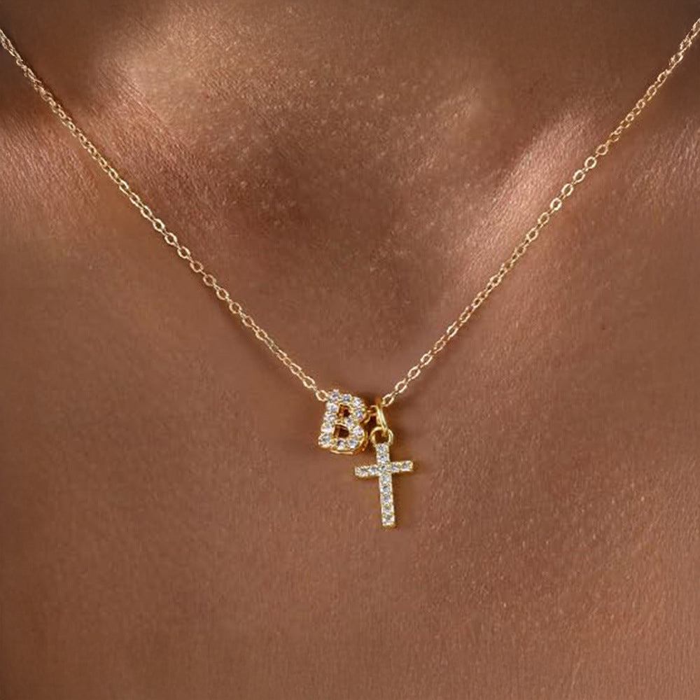 Delicate Diamond Letter & Cross Pendant Necklace