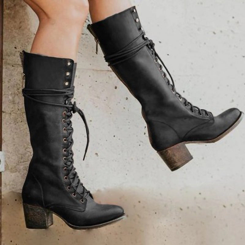 Classic Black Leather Knee High Boots Chunky Heel - Luxicro