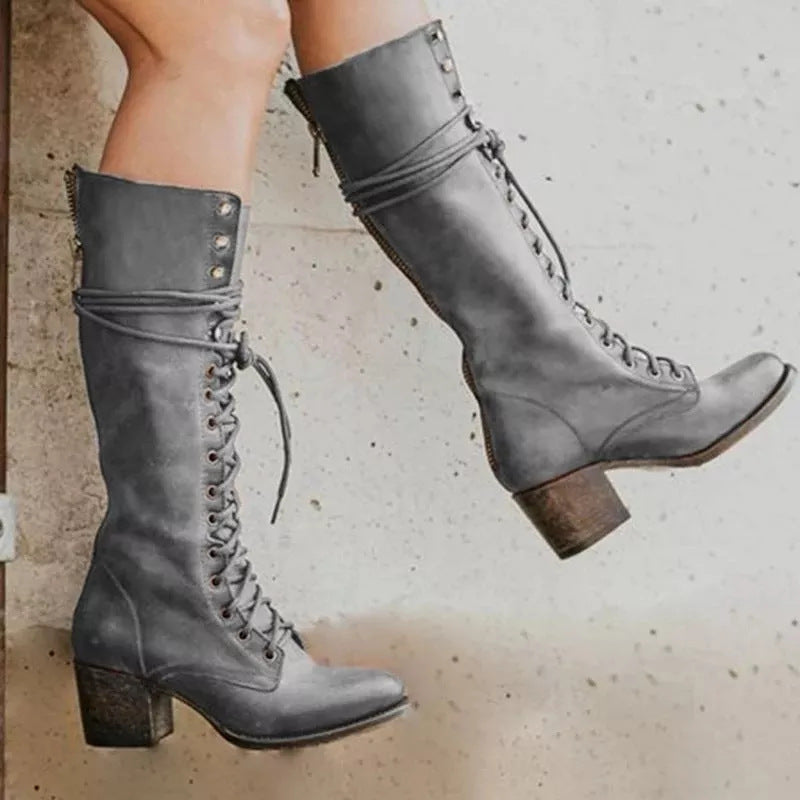 Classic Black Leather Knee High Boots Chunky Heel