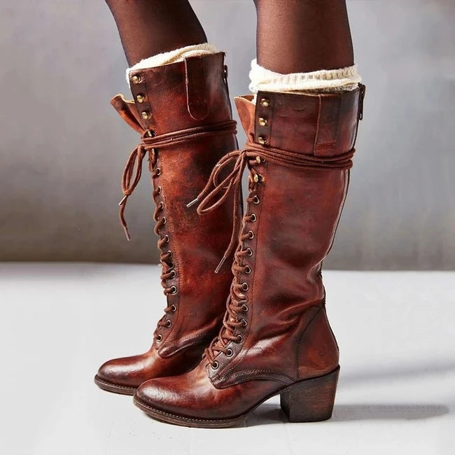 Classic Black Leather Knee High Boots Chunky Heel