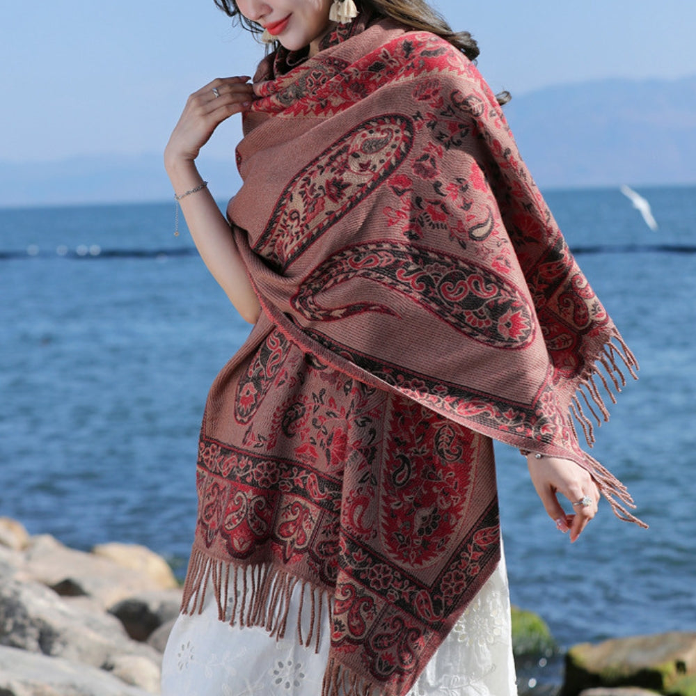 Vintage Floral Fringe Cold Weather Shawl Wrap