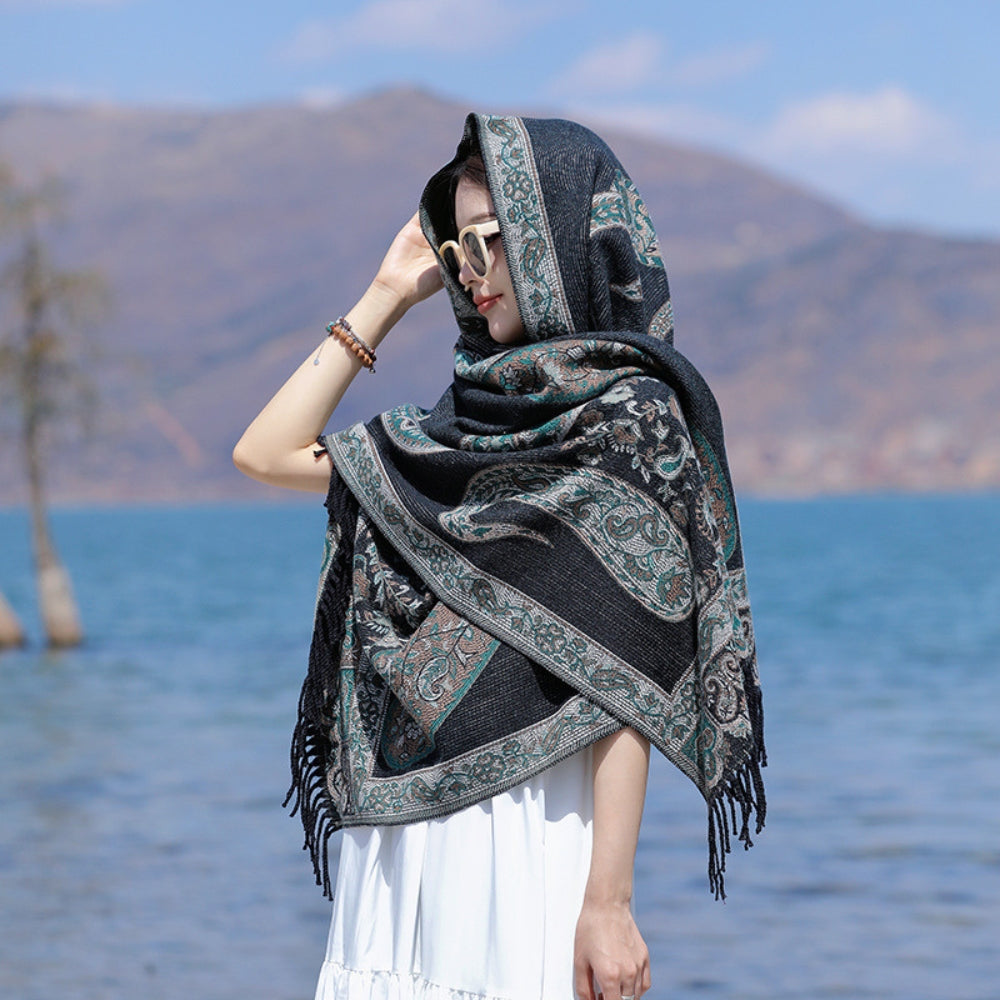 Vintage Floral Fringe Cold Weather Shawl Wrap