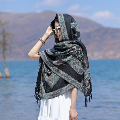 Vintage Floral Fringe Cold Weather Shawl Wrap